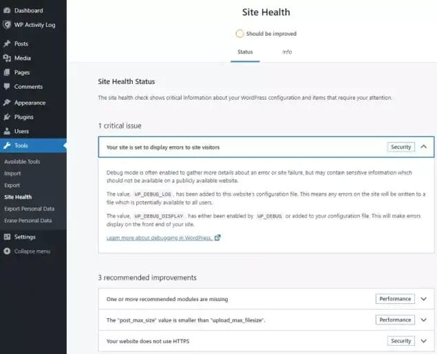 les problèmes wordpress par le site-heatlth