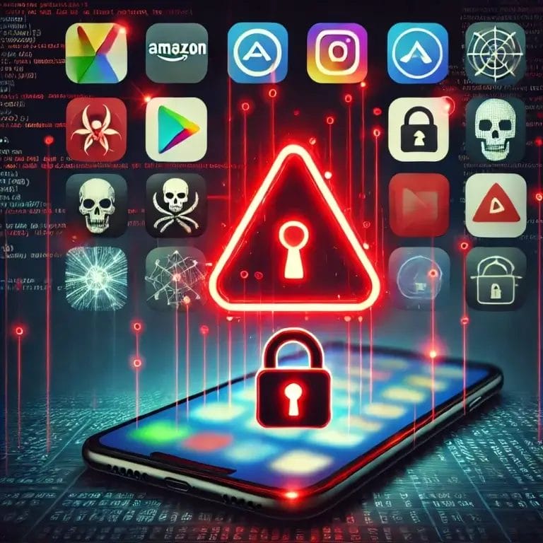 DALL·E 2025 01 04 21.53.58 An illustration depicting cybersecurity threats on app stores. The image shows a mobile phone with a glowing red warning symbol on its screen surroun
