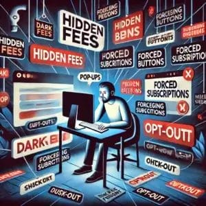 DALL·E 2025 02 26 12.23.37 A digital illustration depicting common dark patterns in e commerce. The image shows a user trapped in a web of deceptive online shopping practices
