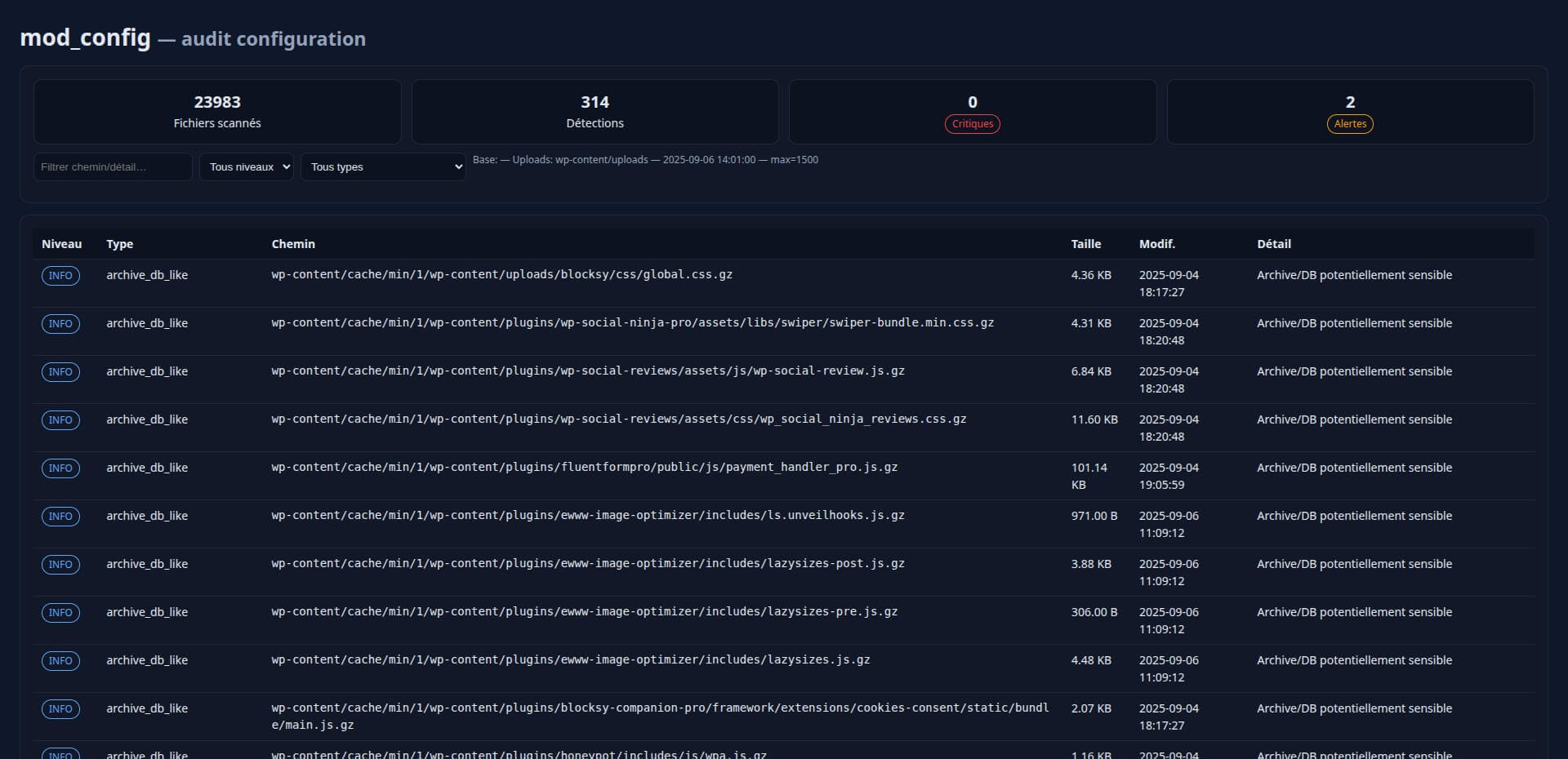 mod_config.php vérifie les fichiers de configuration du serveur web. C'est essentiel, car une configuration compromise peut annuler les protections de code les plus robustes.